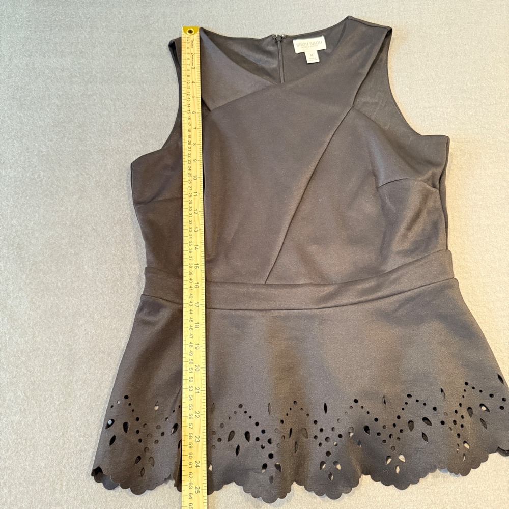 Bisou Bisou Black Geometric Laser Cut Peplum Waist Sleeveless Top M - Picture 8 of 13